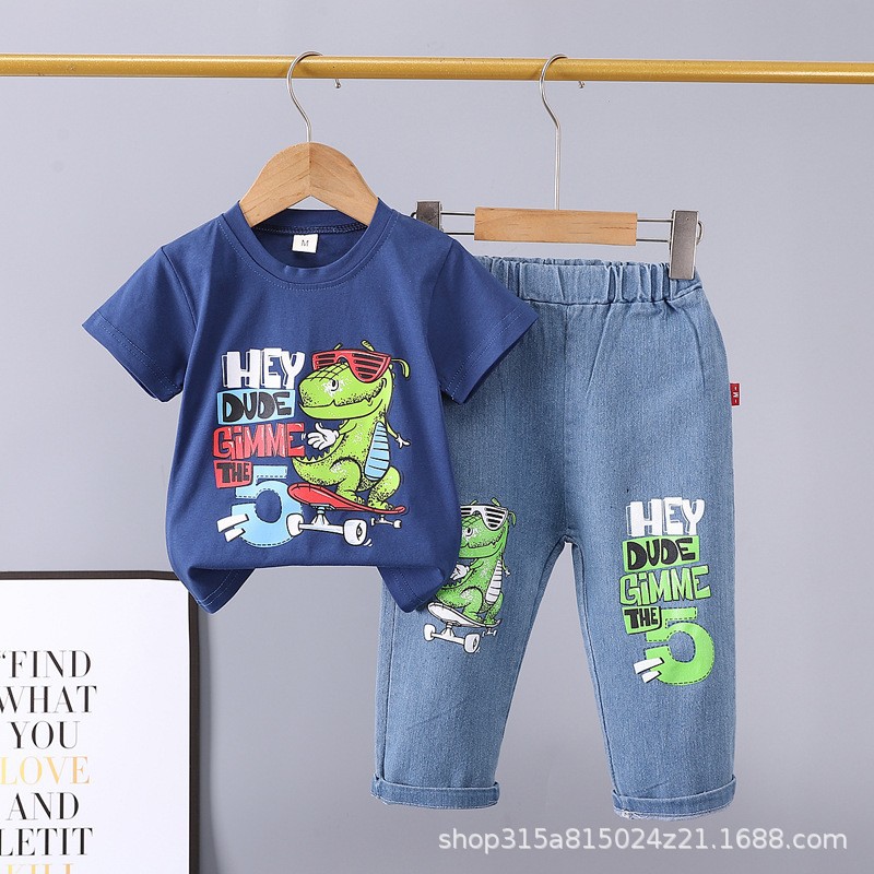 Picture of Summer 2024 new 0-5 years old children's suit cartoon car animal crew neck short sleeve jeans two piece cotton