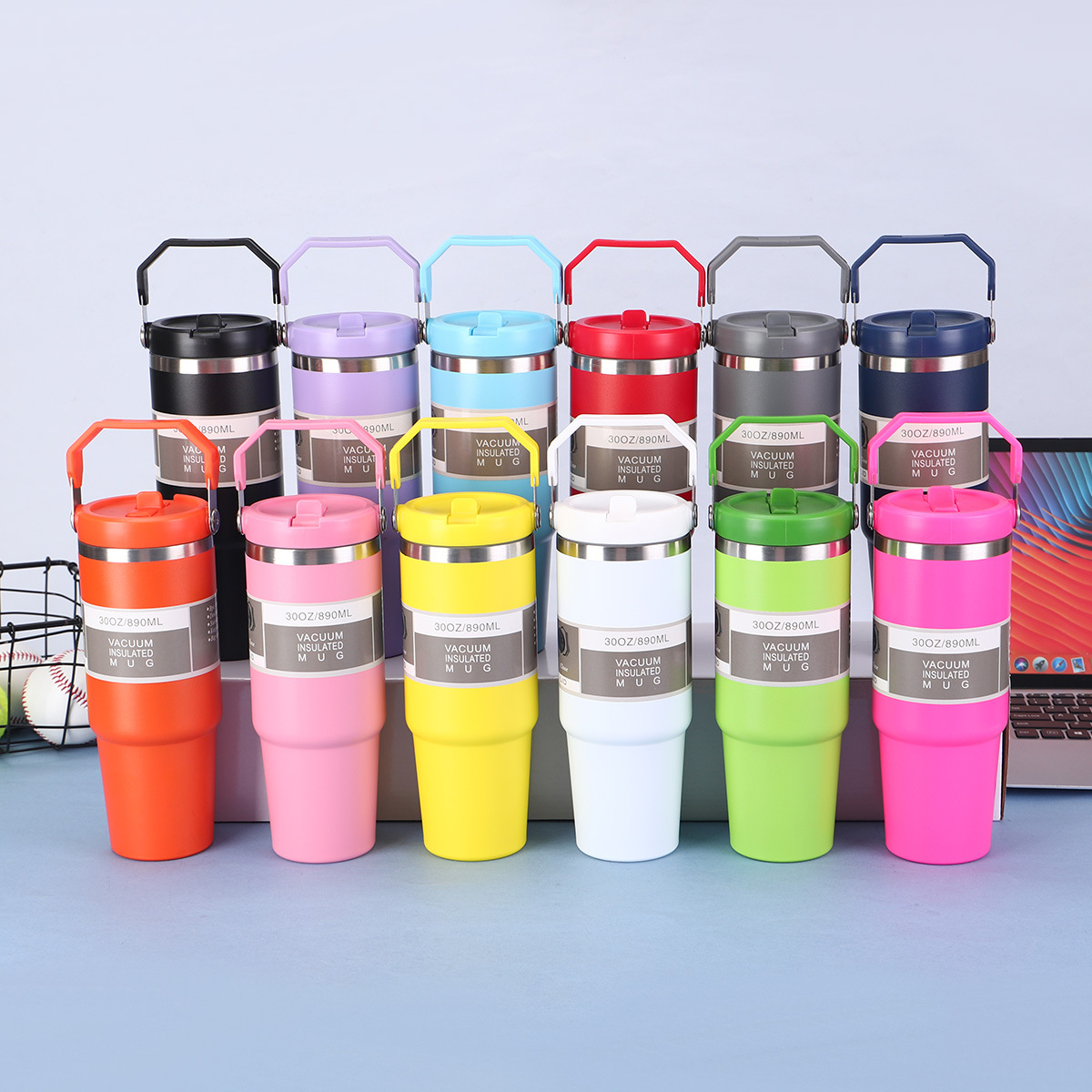Cross-Border Multi-Color 30oz Satchel Car Cup Large Capacity Straw Cold Ice Cup 304 Stainless Steel Thermos Cup