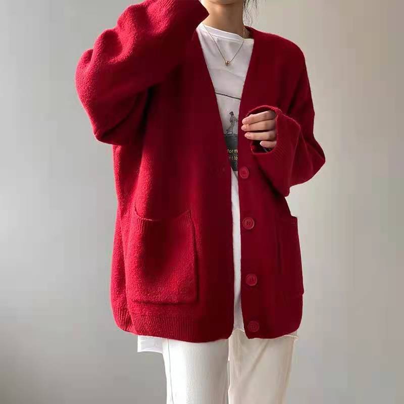 Korean style sweater coat new online celebrity women's spring and autumn loose Western style lazy style outer wear solid color knitted cardigan