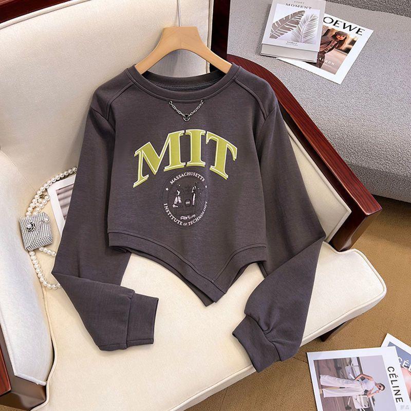 American Style Retro Round Neck Letter Printed Sweat Women's 2024 Autumn New Design Irregular Long Sleeve Top
