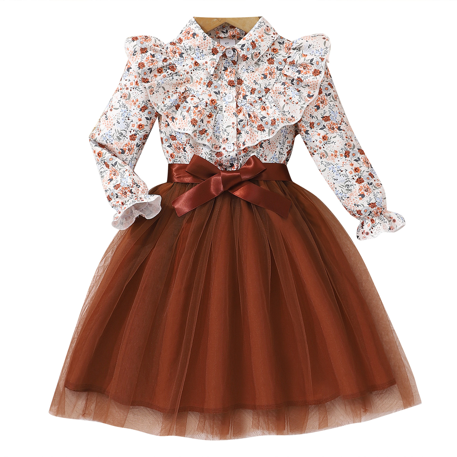 Picture of New Style Long-Sleeved Lapel Floral Print Mesh Dress for Girls and Older Children with Woven Belt