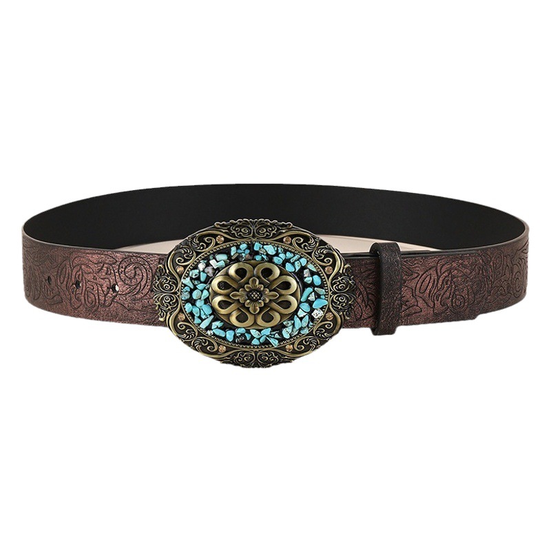 Manufacturer European and American Cross-Border Fashion New Retro Versatile Ethnic Style Blue Inlaid Belt Wide Girdle New Style Foreign Style