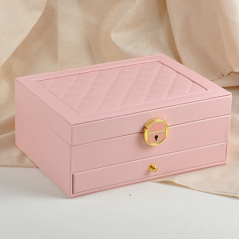 Cross-Border Multifunctional Grain Leather Lockable Jewelry Box Double-Layer Jewelry Bracelet Jewelry Box Necklace Ring Storage Box