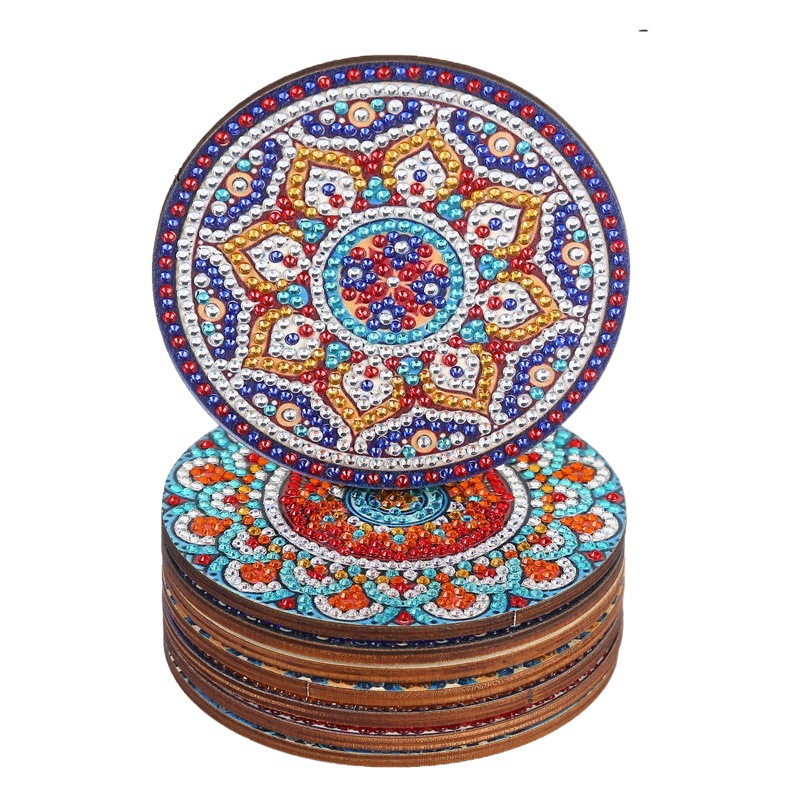 Amazon Best Selling 5D Handmade DIY Wooden Dot Diamond Insulated Anti-Slip Diamond Painting Mandala Coaster with Stand