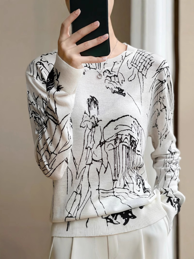 2025 autumn new graffiti print fine imitation wool long-sleeved knitwear crew neck pullover base women's loose and versatile