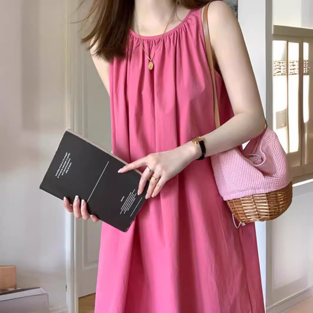 Tea Break French Sleeveless Suspender Dress Women's Summer Vest A-Line Long Skirt White Elegant Raspberry Red