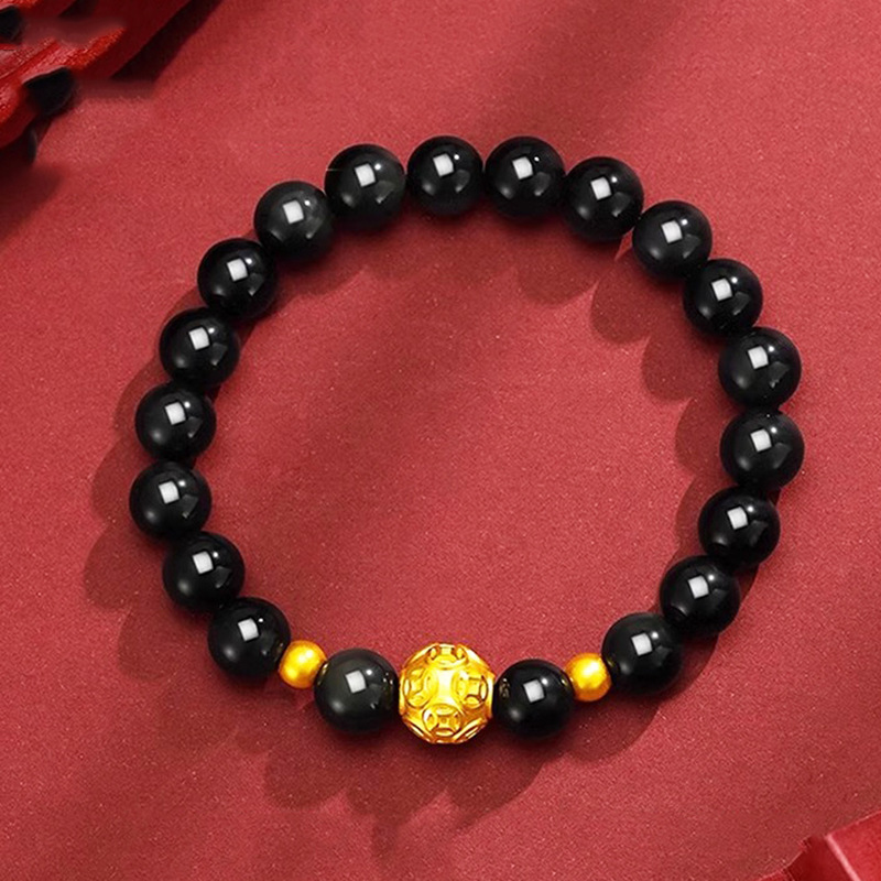 Natural Obsidian Bracelet Men's Crystal Stone Buddha Beads Bracelet Women's Couple Creative Gift Copper Money Beads