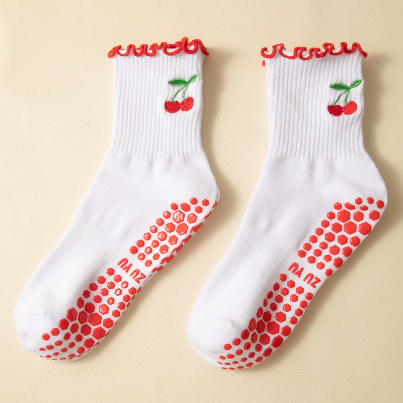 Yoga socks ladies mid-tube socks dispensing non-slip agaric lace cherry embroidery professional training running Pilates