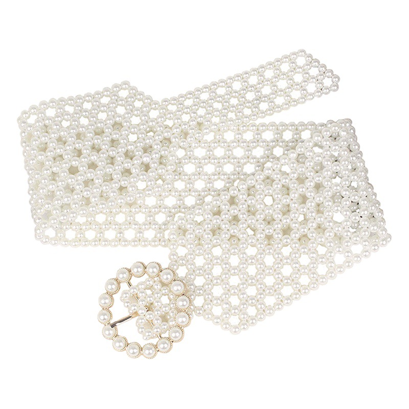 Picture of Fashion Sweet Elegant String Pearl Belt Elastic Wide Diamond Waist Seal European and American Retro Dress Decorative Belt for Women