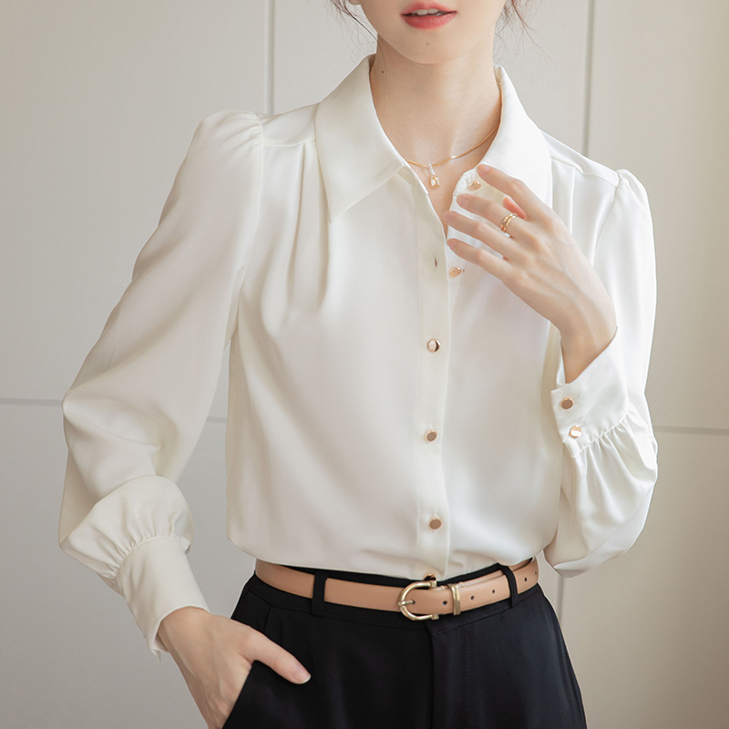 2025 Real Shot Spring New Loose White Shirt Long-Sleeved Top Satin Commuter Design Niche Shirt for Women