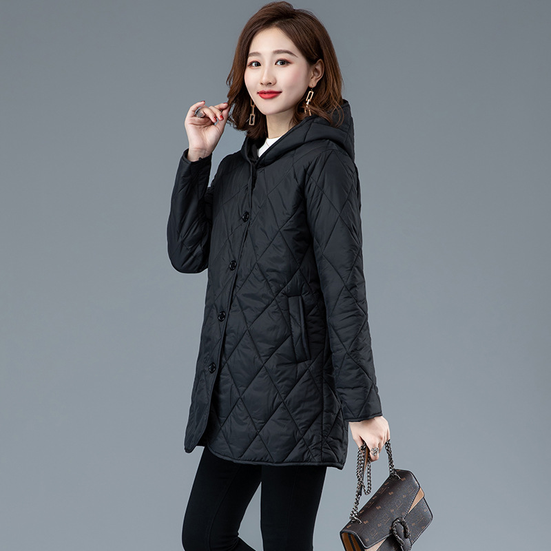 Solid Color Women's Warm Cotton-padded Jacket 2024 Winter New Arrival Diamond-shaped Plaid Lightweight Down Cotton Hooded Long-sleeved Cotton-padded Jacket
