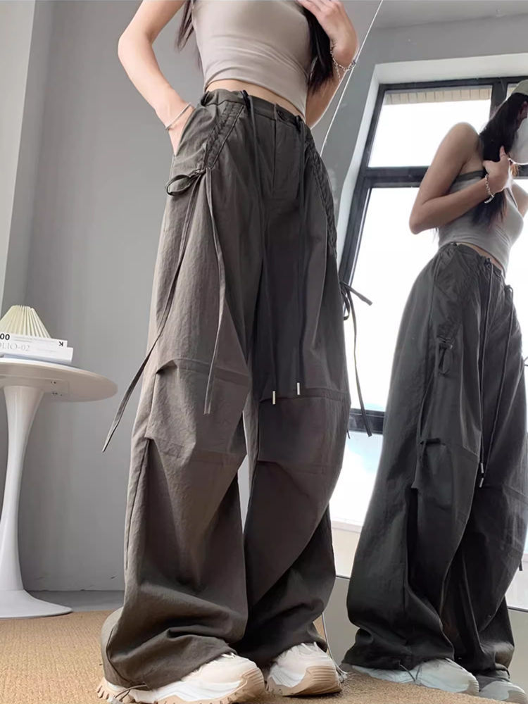 American 2025 Spring and Summer New Arrival Bowknot Caution Pants Women's High Waist Slimming Straight Drawstring Casual Sports Wide Leg Pants