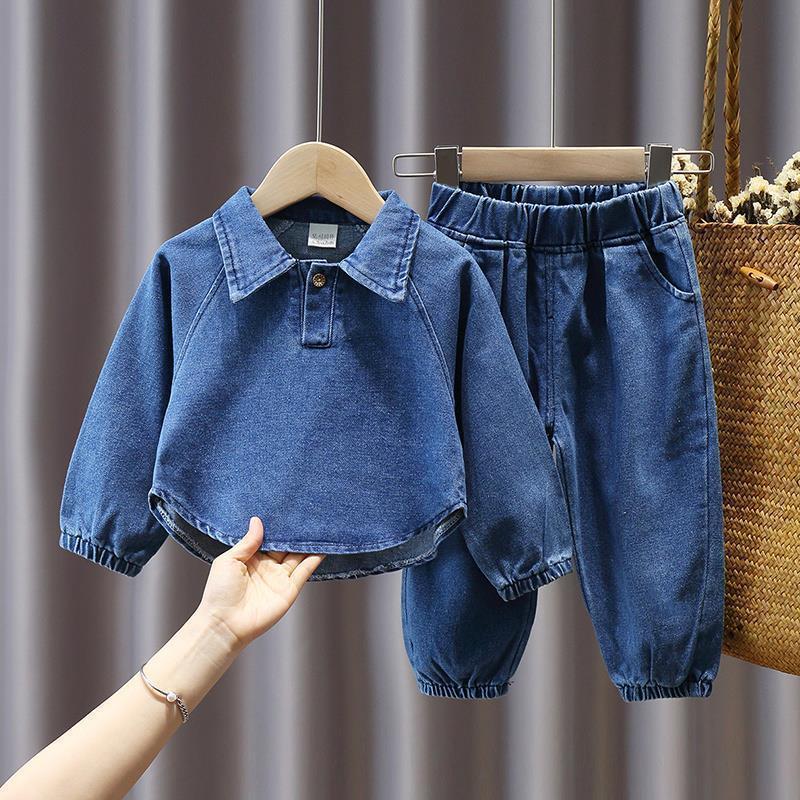 Boys and girls spring and autumn suit 2024 new boys and girls baby foreign style Korean version of children's spring Denim two-piece set