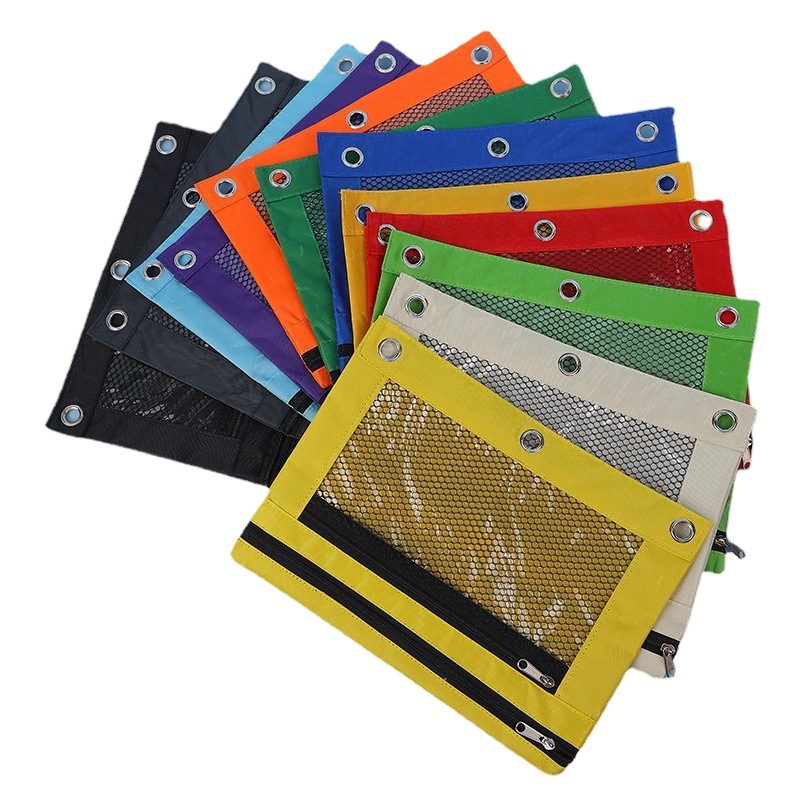 Three-hole pencil case double-layer zipper Oxford file bag air eye binder stationery bag waterproof visual storage bag in stock