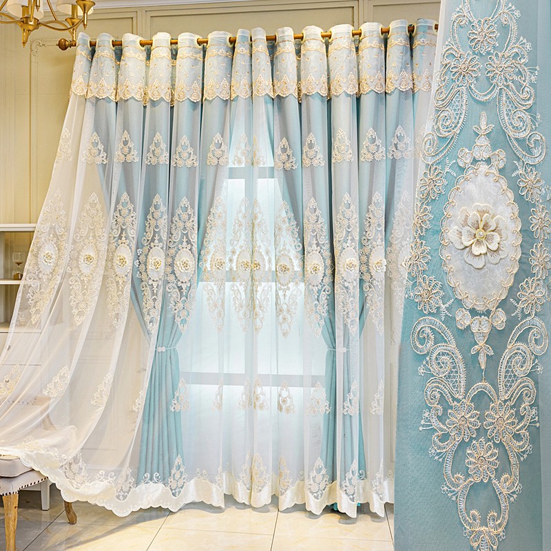 European-style high-end simple modern cloth yarn integrated shading double relief embroidered curtains bedroom living room floor wholesale
