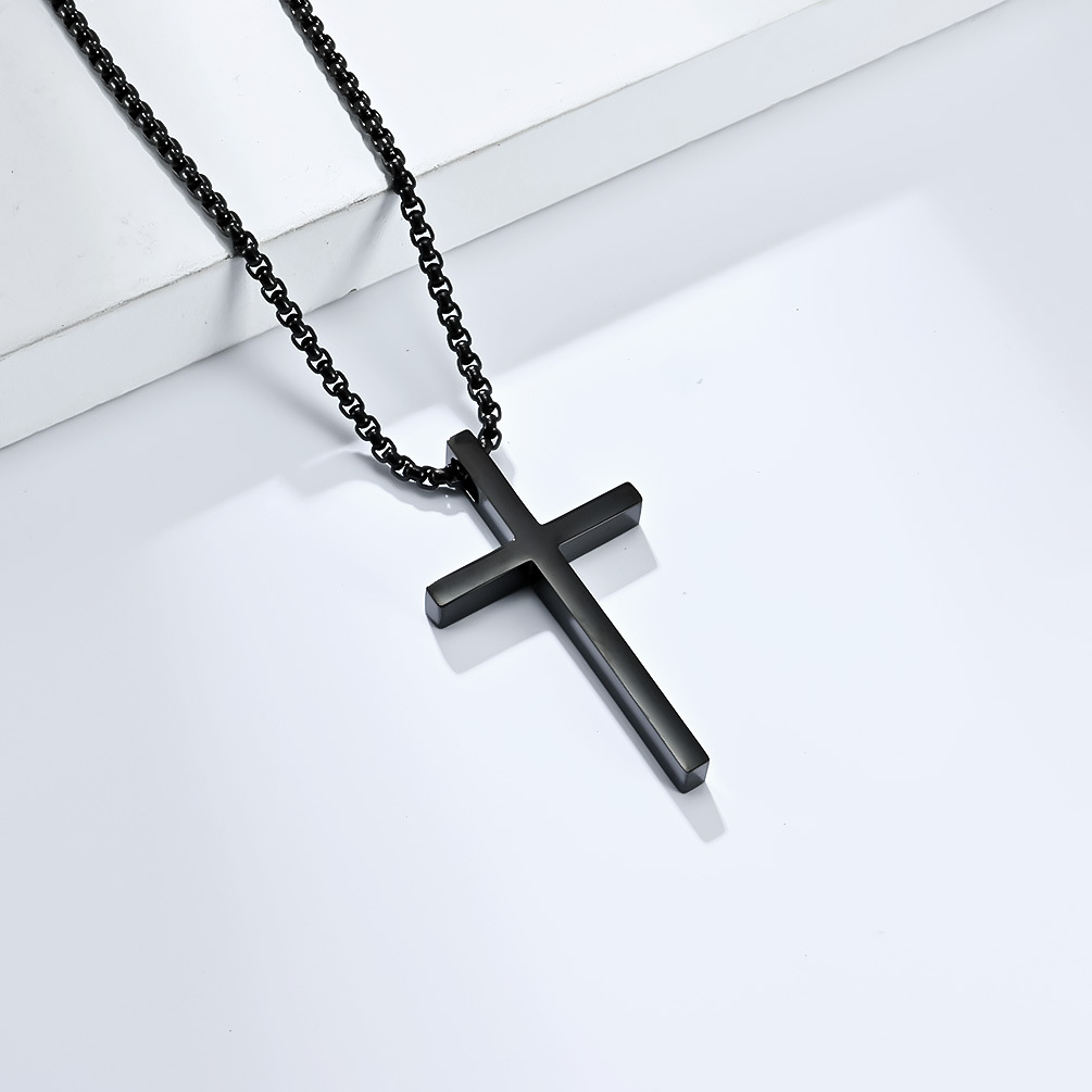 Picture of Ins Genderless Simple Titanium Steel Cross Necklace Glossy Niche Stylish Men and Women Wear Sweater Chain Pendant