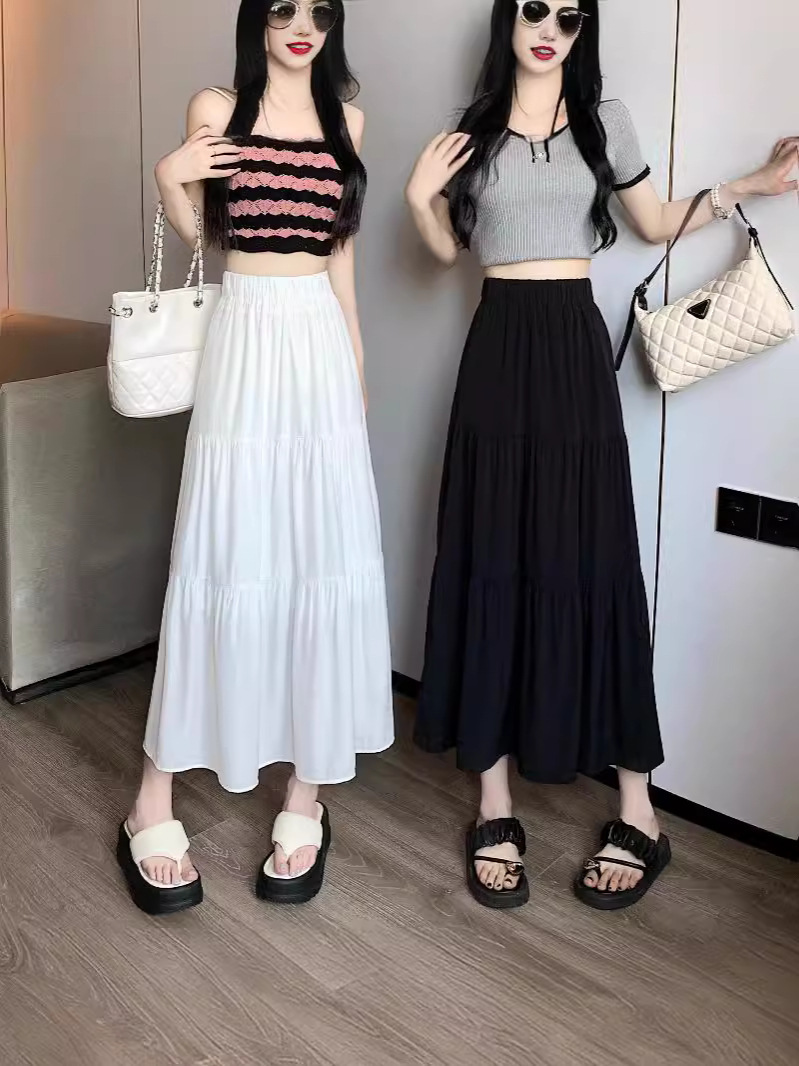 White Umbrella Skirt Skirt Fairy Summer 2025 New Draped Midi Skirt High Waist Slimming A- line Skirt