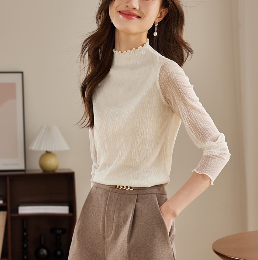 Picture of Texture lace bottoming shirt for women 2024 spring new Korean style lace half turtleneck inner long sleeve T-shirt top autumn and winter