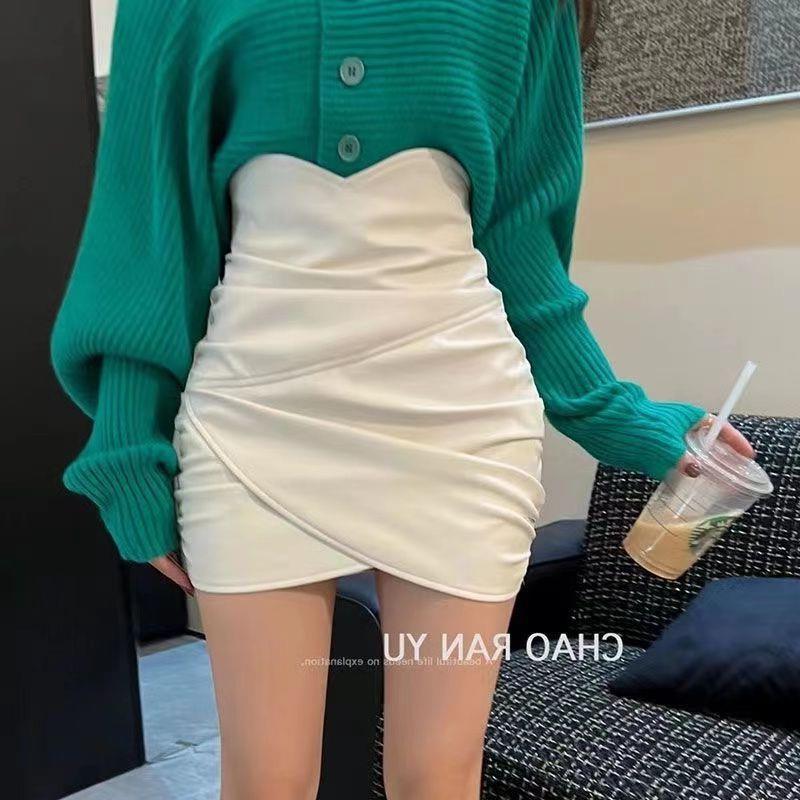 Spice Girls Irregular Pleated Puleather Skirt Skirt Women's Autumn and Winter High Waist Slimming Anti-running Light Elegant Hip Skirt