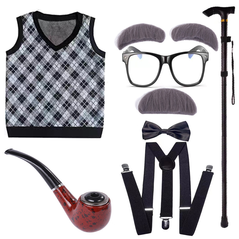 Picture of COS Old Man Dress Up Halloween Children Grandpa Vest Wig Beard Granny Children Show Wig