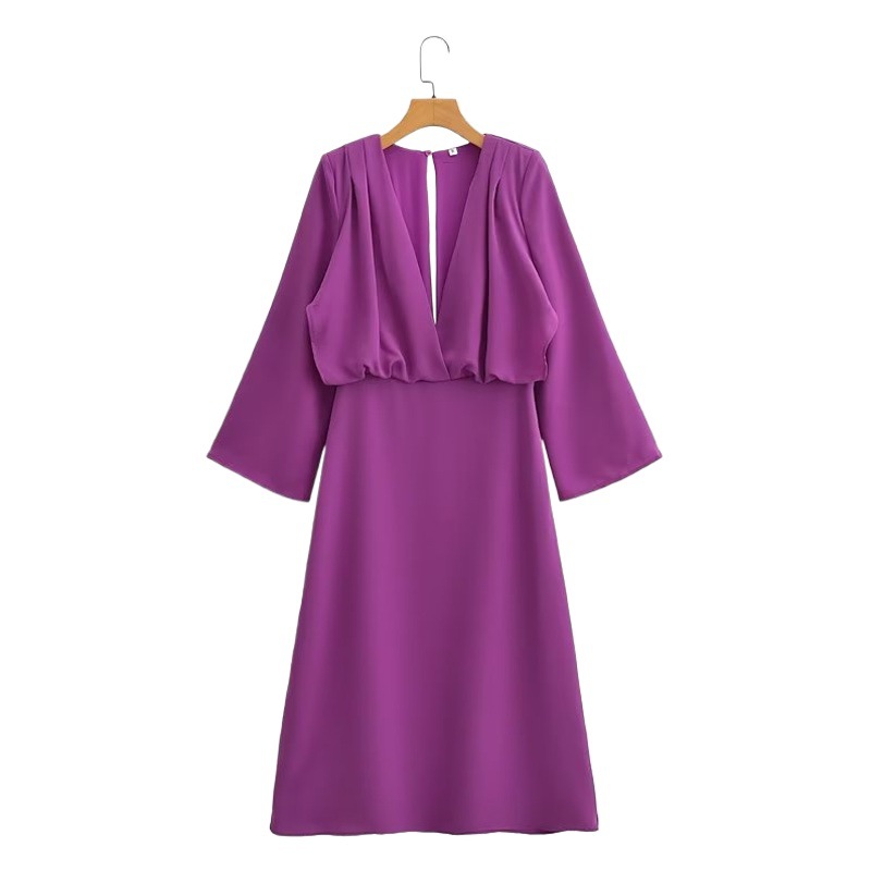 Cross-Border Dress Fashion European and American New Long-Sleeved Purple Hot-Selling Women's Dress Deep V Neck Waist
