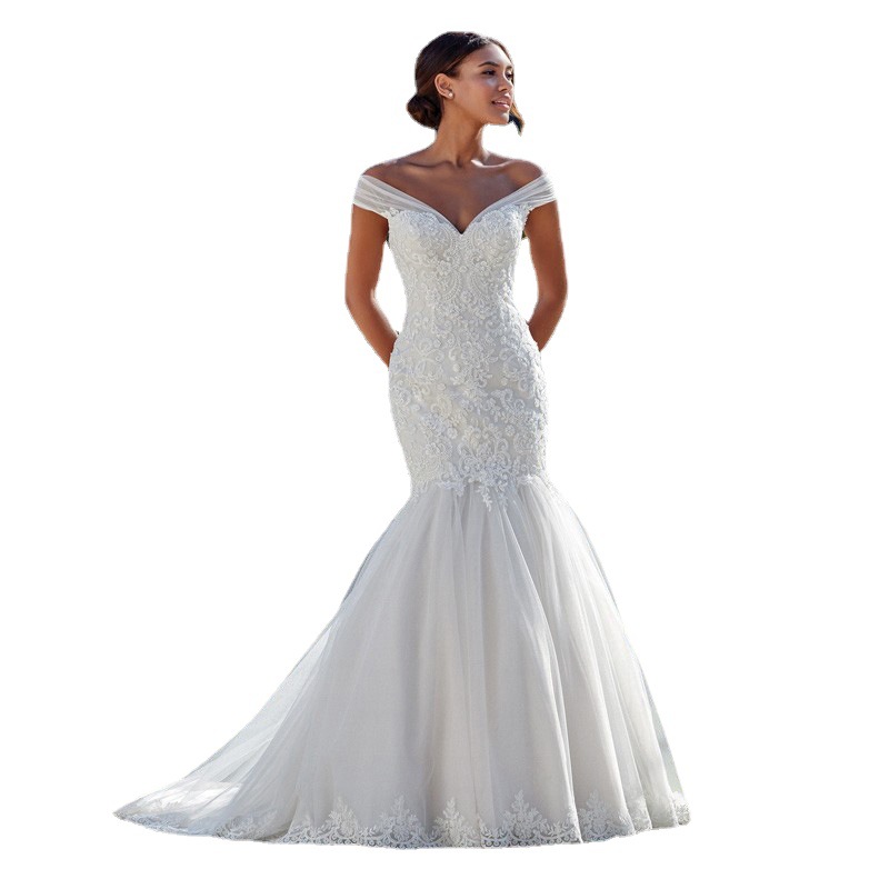 Picture of Wedding Dress 2025 Bride Small Tail New One-Shoulder Fishtail Wedding Dress Hip-Covering Slim Simple Lace Women
