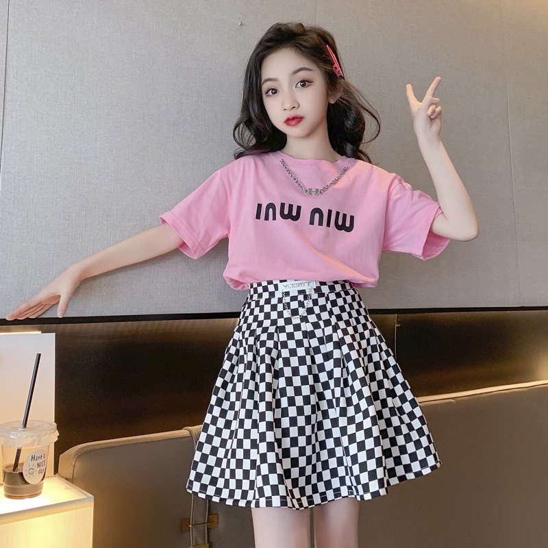 Girls' Children's Wear Short-sleeved suit 12-year-old Girls' Children's Western Style Fashionable Internet-famous Summer Skirt Large Children's Summer Dress