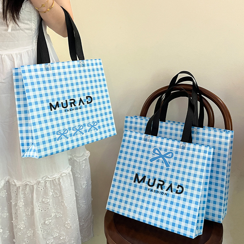 Laminated Non-Woven Bag Custom-Made Clothing Store Packaging Shopping Bag Custom Packaging Special Blue Plaid Bow
