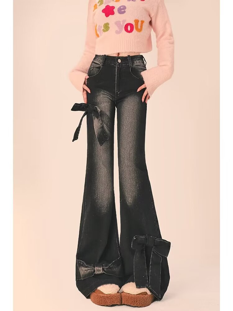 Design Sense American Style Bow High Waist Jeans Women's Ins Niche Yabi Retro Slim Look Straight Micro Trousers