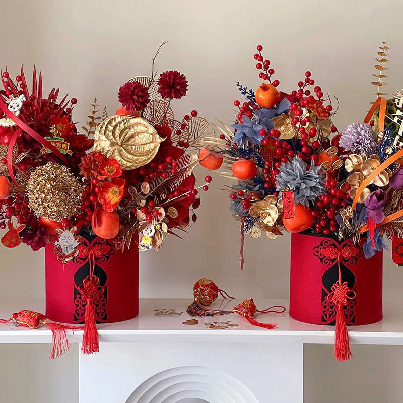2025 New Year Velvet Blessing Bucket Oriental Fairy Hug Bucket New Year's Eve Flower Arrangement Bucket Housewarming Opening Decoration Supplies