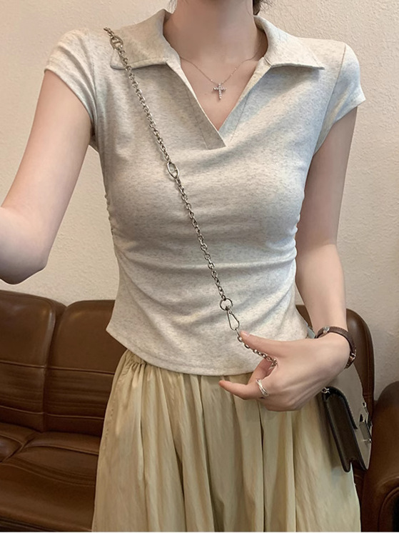 Picture of Ins Spice Girls Pure Wants Tight Waist T-shirt Short Sleeve Women's Summer New Solid Color Base Pullover Slim Fit Top Women's Fashion Wholesale