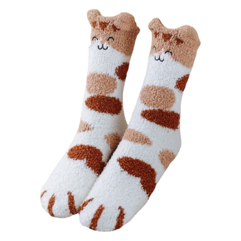 New Socks Women's Home Coral Velvet Socks Cat Lucky Cat Sleep Socks Thickeneded Winter Fleece-Lined Mid-Calf Women's Socks