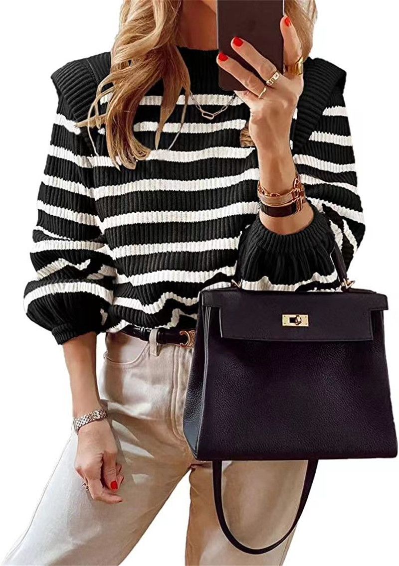 Picture of Aliexpress New 2025 Women's Fashion Striped Round Neck Puff Sleeve Sexy Knitted Sweater