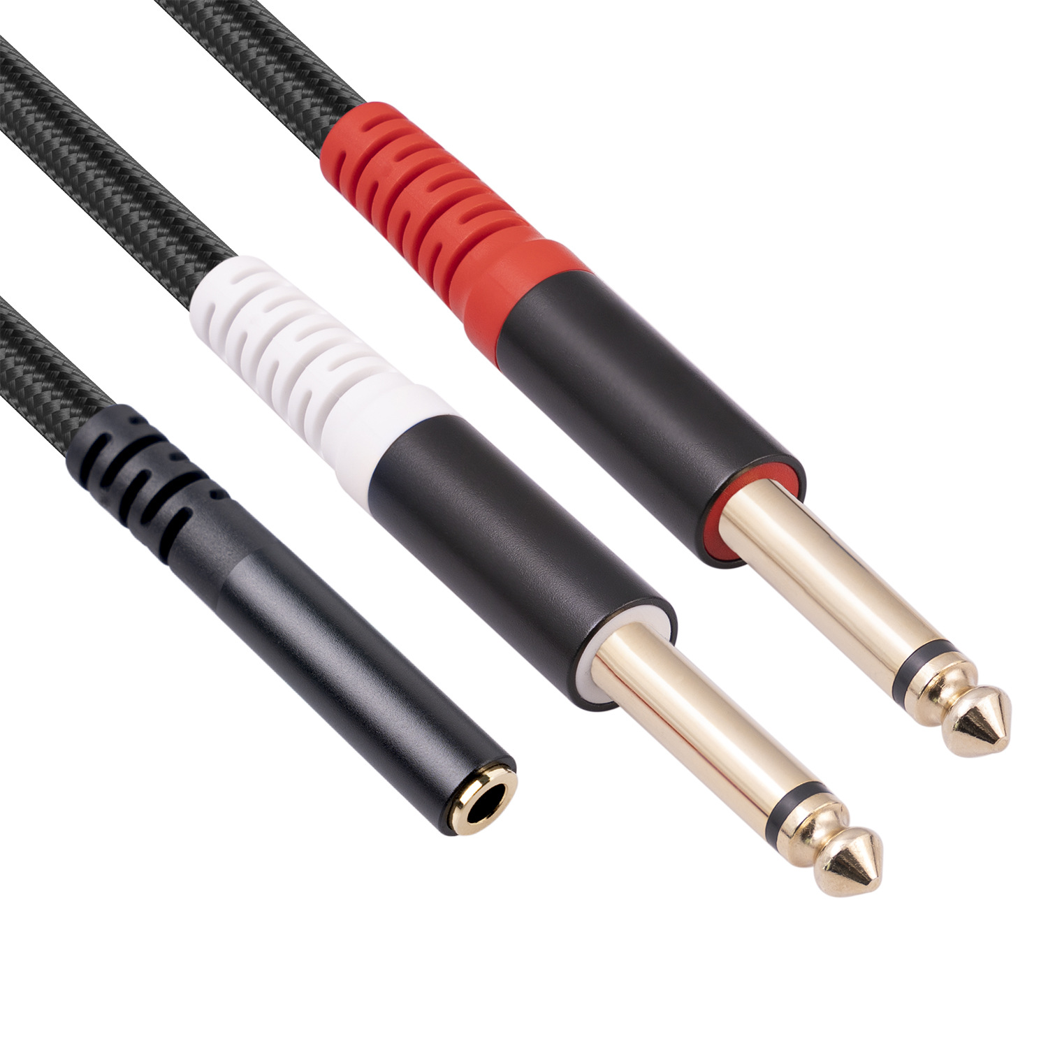 Picture of Shielded wire aluminum alloy shell stereo 3.5mm female to dual 6.35 TS 1/4 mono audio cable 0.3 m