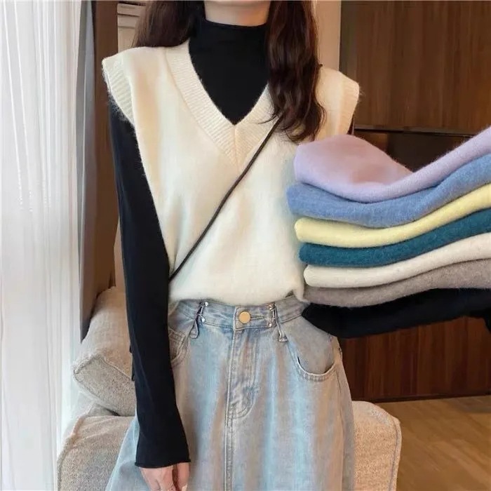 Vest Vest Coat Women's Autumn and Winter 20223 Korean Style Vest Waistcoat V-Neck Versatile Loose Knitted Sweater