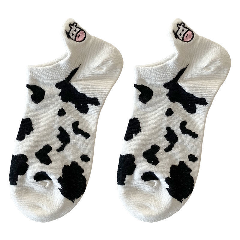 Picture of Black and White Cow Country Sweet Cute Japanese Short Socks Embroidered Striped Cartoon Boat Socks