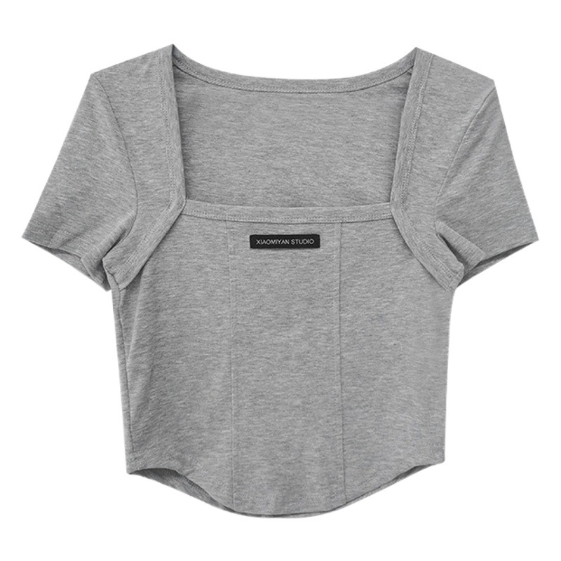Design Sense Square Collar Clavicle Pure Desire Base Shirt Women's Short Sports girl Hot Street Exposure Short-sleeved T-shirt