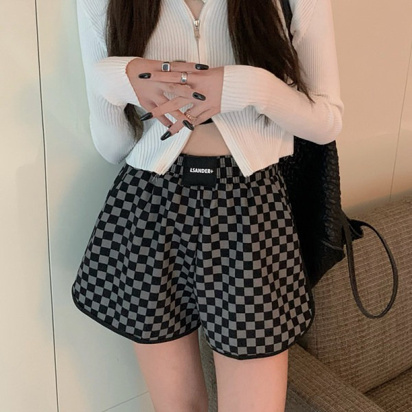 2023 Small Wide Leg Casual Pants Women's New Spring and Summer Chessboard High Waist Slimming Sports Shorts ins