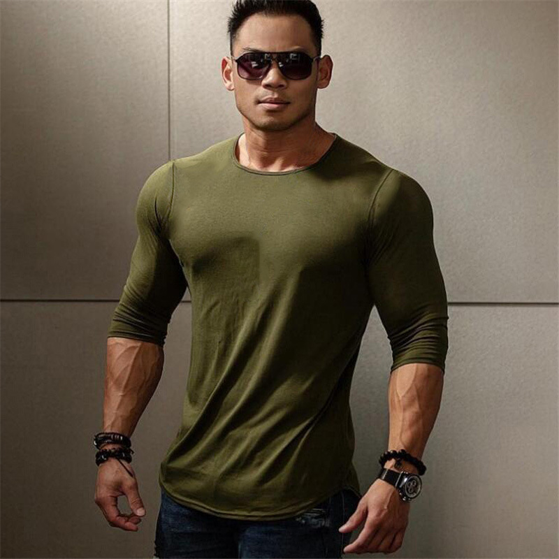 Autumn New Muscle Fitness Long-sleeved T-shirt Men's Arc Hem Crewneck Training Clothes Slim-fit Casual Base Shirt
