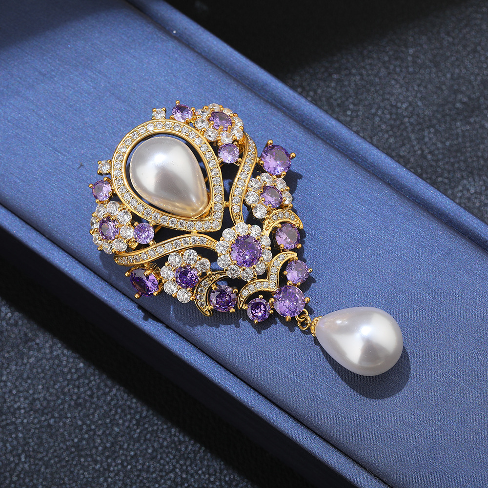 Picture of Purple Luxury High-End Diamond-Encrusted Zircon Large Pearl Brooch Anti-Exposure Suit Dress Accessories with Elegant and Fashion