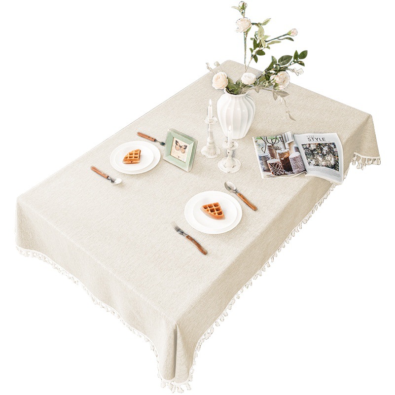 Simple Tassel Tablecloth Light Luxury Solid Color Tea Table Cloth Waterproof and Dustproof Cotton Linen Fabric Dining Tablecloth Rectangular Household