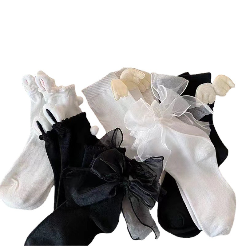 2023 New Arrival Black and White Socks Women's Cute Wings JK Socks Japanese Style Lace Ins Trendy Mid-Socks Cotton Thin