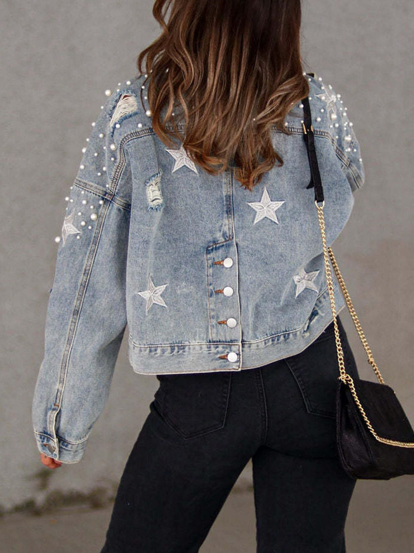 Picture of Cross Border Amazon Women's Short Pearl Beaded Denim Jacket Ripped Star Embroidered New Denim Jacket Coat