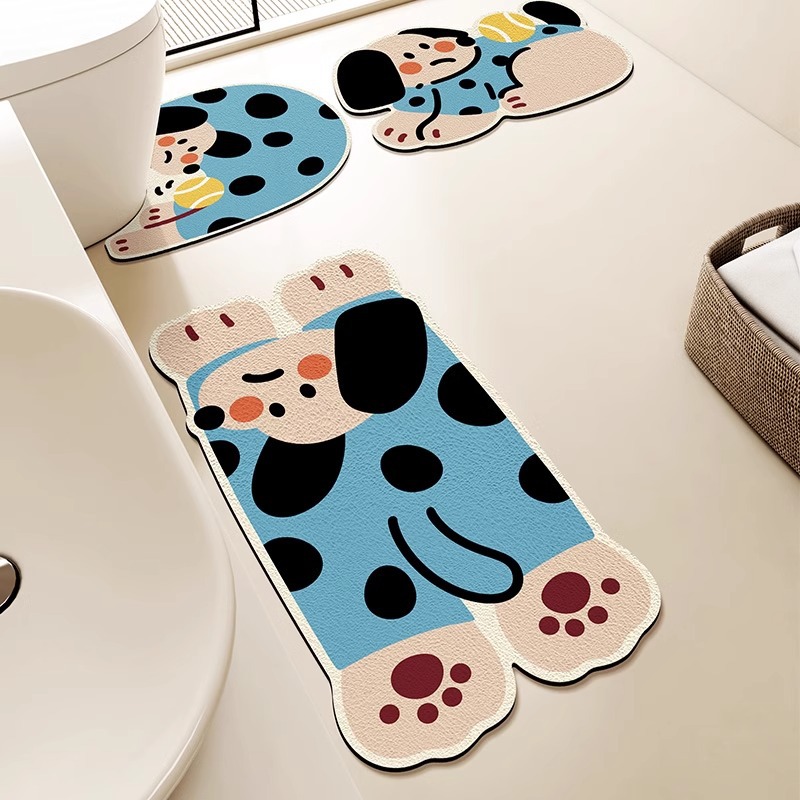 Cartoon puppy bathroom mat three-piece absorbent non-slip mat diatom mud toilet dirt-resistant wear-resistant toilet U-shaped mat