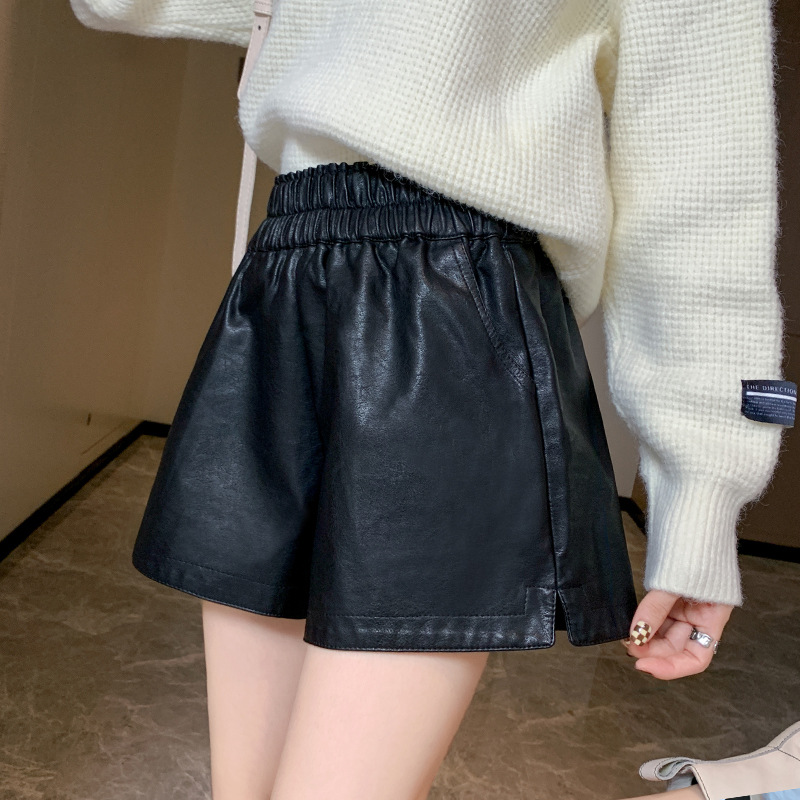 Leather Shorts Autumn and Winter Outer Wear 2022 New Explosions High Waist Leather Pants plus size Slimming Loose Base Casual Boots