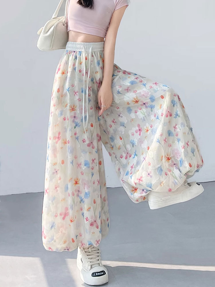 Picture of Colorful flower bud culottes and pants, women's summer thin 2025 new high-waisted drape skirt, ice silk floral lantern pants