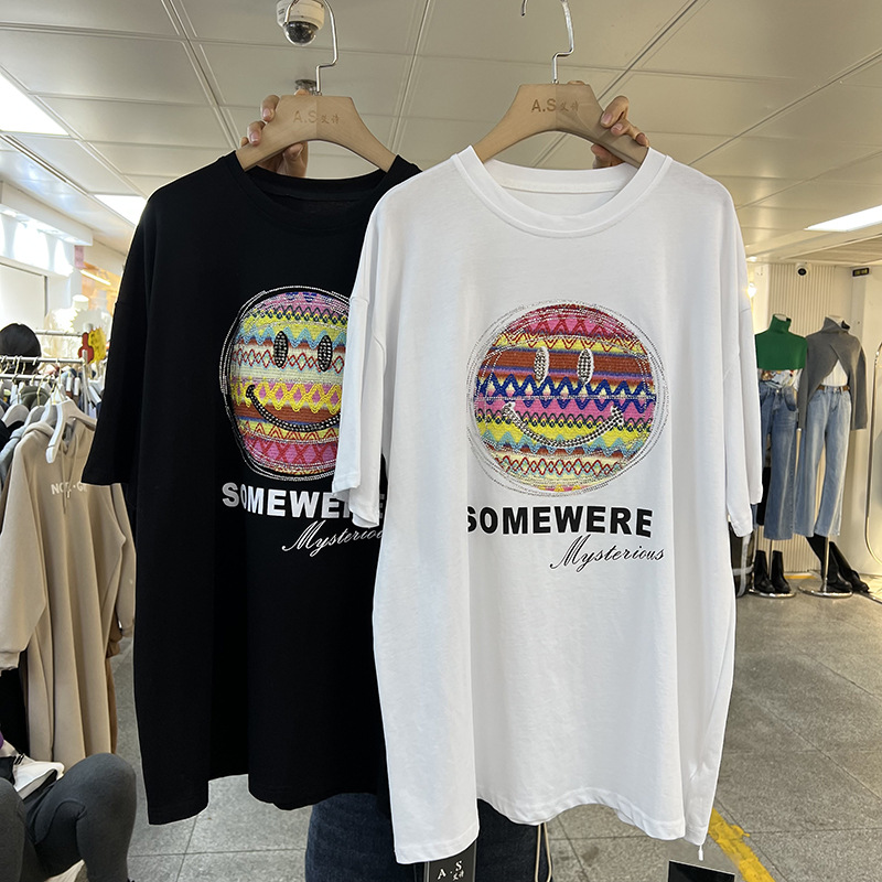 South Korea Dongdaemun Heavy Industry Diamond-encrusted Smiley Cotton Short-sleeved Top Summer Cartoon Age-reducing Loose plus size T-shirt Trendy
