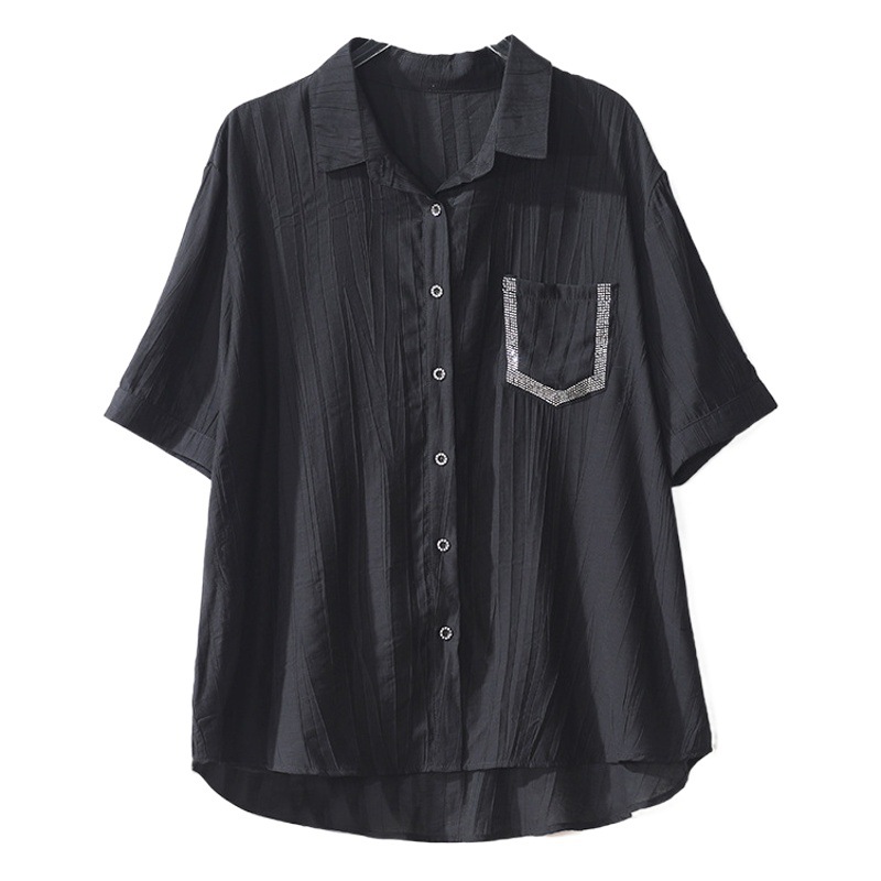 Real Shot L-5XL Summer Black Half Sleeve Shirt Women's Fashion New chubby girl Slim Top