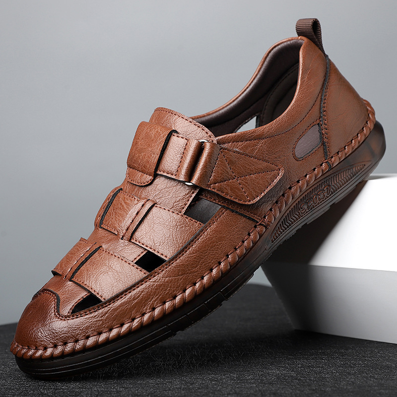 Velcro Men's Casual Hollow Hole Shoes Sandals Business Summer Baotou Slip-on Men's Beef Sole Shoes