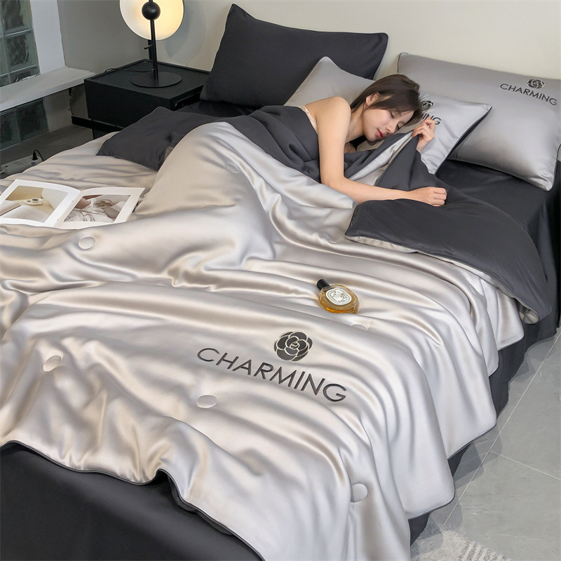 Picture of Class a Washed Ice Silk Summer Quilt Four-Piece Set of Summer Cool Quilt That Can Sleep Naked, Embroidered Air-Conditioned Quilt, Cool Silk Summer Thin Quilt